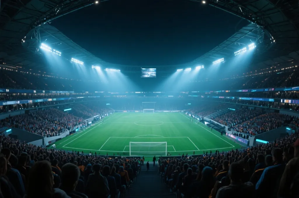 Atmospheric wide shot of a futuristic packed soccer stadium under bright floodlights