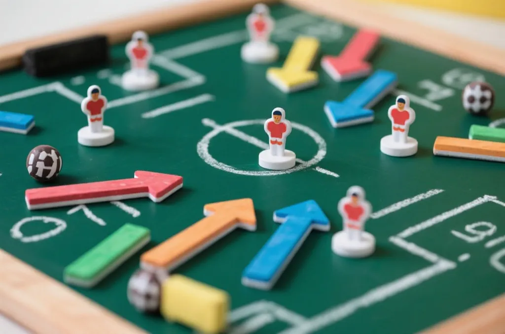 A tactical football chalkboard with strategic drawings and player pieces