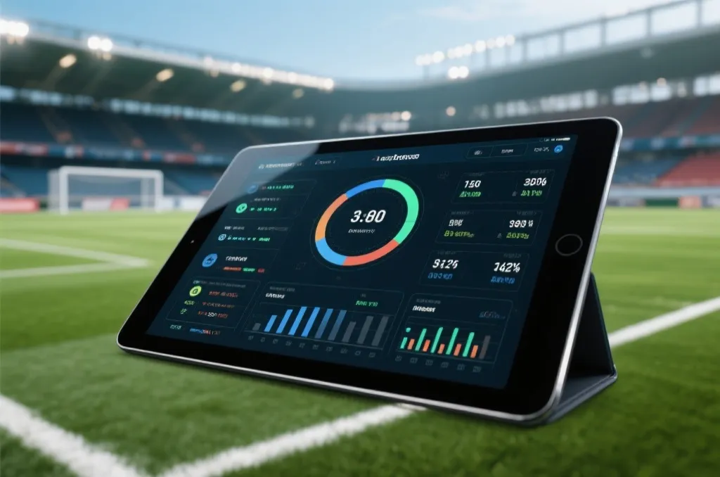 A high-tech tablet displaying real-time sports statistics on a soccer pitch background