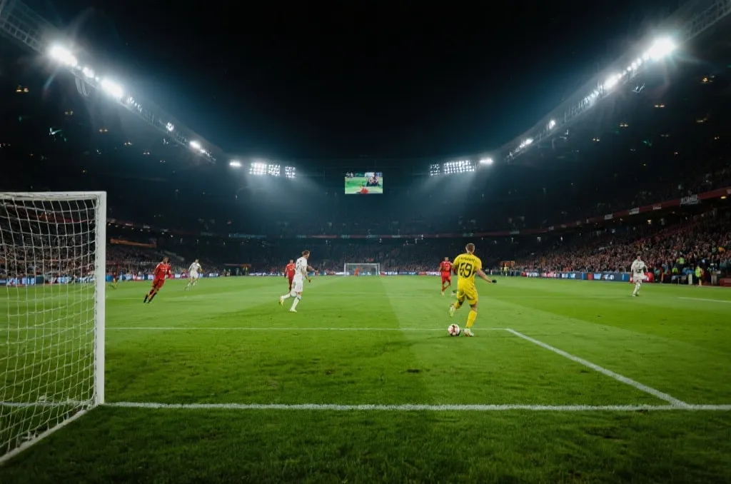 An intense soccer match action shot under dramatic stadium spotlights