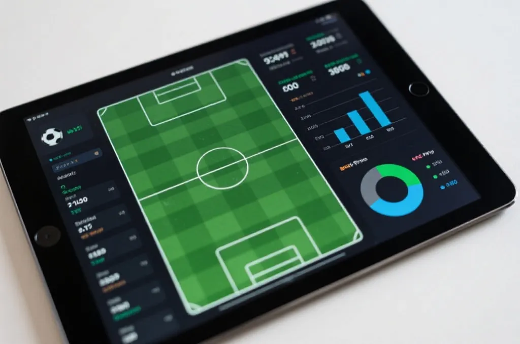 An elegant tablet showing soccer match statistics and data visualization charts