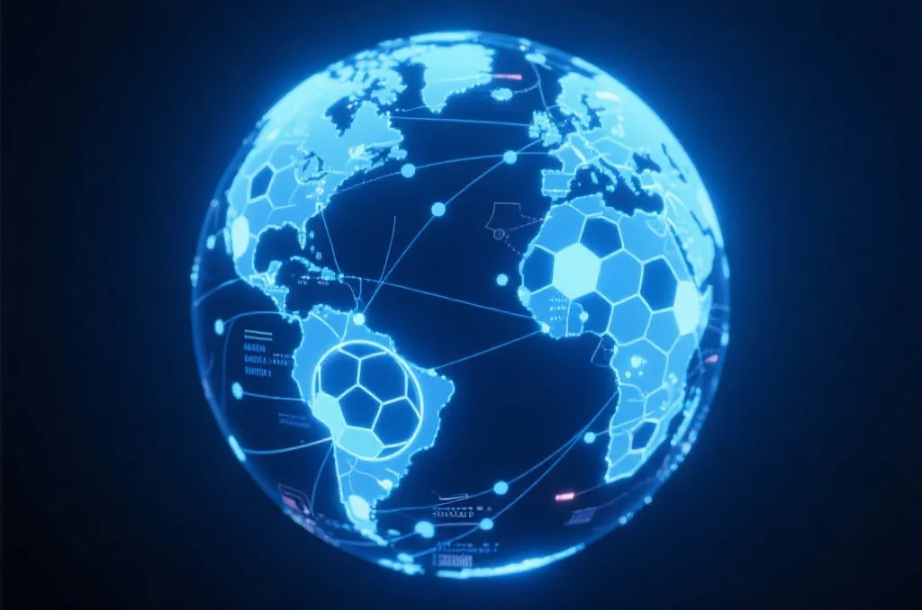 显示全球各大洲足球赛事分布的地球仪与数字化分析图表